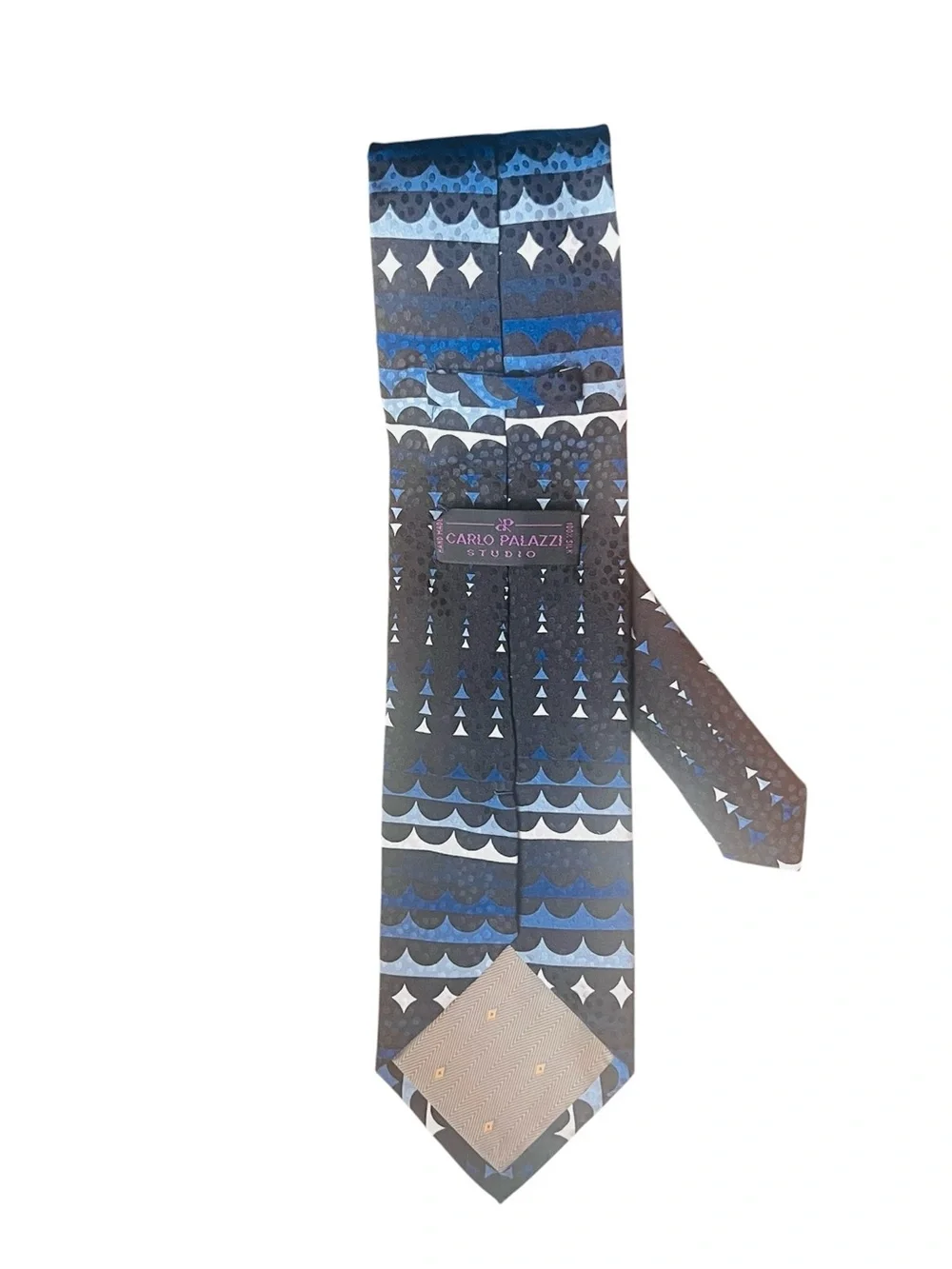 VTG Carlo Palazzi Handmade 100% Silk Tie Blue Geo Pattern Office Intern